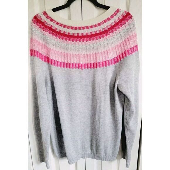 Talbots L Sweater Gray White Pink Collar Cotton‎ Blend *1 Loose Thread In Back* - Picture 2 of 8